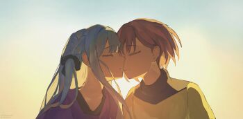 2girls absurdres bang_dream! bang_dream!_it's_mygo!!!!! black_ribbon blue_hair callmeberrypls closed_eyes commentary cosplay english_commentary four_murasame four_murasame_(cosplay) gift_art grey_hair gundam hair_ribbon highres imminent_kiss kamille_bidan kamille_bidan_(cosplay) long_hair multiple_girls outdoors purple_shirt ribbon shirt short_hair takamatsu_tomori togawa_sakiko two_side_up yellow_shirt yuri zeta_gundam