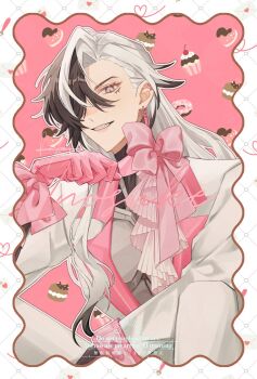 Rule 34 | 1boy, alternate costume, artist name, black hair, boothill (honkai: star rail), bow, bow choker, bullet earrings, choker, commentary, cyborg, ear piercing, earrings, frilled gloves, frills, gloves, grey eyes, grin, hair over one eye, hand up, highres, honkai: star rail, honkai (series), ino kevin, jacket, jewelry, knees up, lapels, long hair, long sleeves, looking at viewer, male focus, mole, mole under eye, multicolored hair, multiple moles, notched lapels, outline, pants, piercing, pink bow, pink choker, pink gloves, pink theme, sharp teeth, signature, single earring, sitting, smile, solo, teeth, two-tone hair, untranslatable commentary, valentine, white hair, white jacket, white outline, white pants