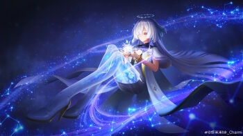 1girl absurdres chinese_commentary commentary_request constellation dress grey_hair halo hands_up high_heels highres incredibly_absurdres jacket long_hair mornye_(wuthering_waves) purple_dress red_eyes see-through_body solo space very_long_hair watermark weibo_watermark white_jacket wuthering_waves xiami_mi_mr_charmi