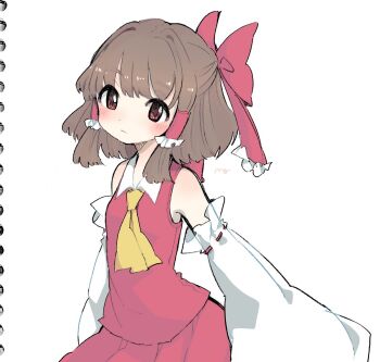 1girl ascot bare_shoulders blush bow brown_hair commentary_request detached_sleeves frilled_bow frills hair_bow hair_tubes hakurei_reimu long_sleeves m_(m073111) medium_hair red_bow red_shirt red_skirt shirt simple_background skirt solo touhou upper_body white_background wide_sleeves yellow_ascot