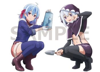 Rule 34 | 2girls, ahoge, anime coloring, belt, black thighhighs, blue hair, blue thighhighs, boots, capelet, closed mouth, full body, gloves, grey hair, hair between eyes, hair ribbon, holding, holding shovel, holding trowel, holding watering can, hood, hooded capelet, long sleeves, looking at viewer, medium hair, multiple girls, navel, open mouth, purple capelet, purple eyes, purple shorts, red eyes, red ribbon, ribbon, ruti ragnason, shin no nakama janai to yuusha no party wo oidasareta no de henkyou de slow life suru koto ni shimashita, shorts, shovel, simple background, sleeves rolled up, smile, squatting, teeth, thighhighs, tisse garland, trowel, watanabe ruriko, watering can