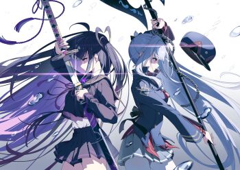2girls ahoge back-to-back black_hair black_sailor_collar black_serafuku black_shirt black_skirt blue_hat blue_jacket breasts buttons chain chitose_(stella_sora) collared_shirt colored_inner_hair cowboy_shot double-breasted dress_shirt freesia_(stella_sora) game_cg glint gradient_background grey_background grey_hair grey_skirt hat highres holding holding_sheath holding_sword holding_weapon jacket katana large_breasts long_sidelocks long_sleeves medium_breasts miniskirt multicolored_hair multiple_girls non-web_source official_art one_side_up parted_lips pinstripe_pattern pinstripe_shirt pleated_skirt purple_eyes purple_hair red_eyes red_shirt sailor_collar school_uniform serafuku sheath shirt side_ponytail sidelocks simple_background skirt stella_sora sword unsheathing water weapon white_background white_shirt