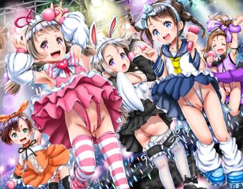 5girls absurdres ass black_hair blush breasts censored cleft_of_venus crotchless embarrassed female_focus fireworks flat_chest from_below full_body higeepon highres huge_filesize large_breasts loli long_hair microphone multiple_girls music night outdoors panties panty_pull performance plaid_clothes plaid_skirt public_indecency rabbit_ears school_uniform serafuku singing skirt smile standing striped_clothes striped_thighhighs thighhighs thighs third-party_edit underwear upskirt wardrobe_malfunction waving