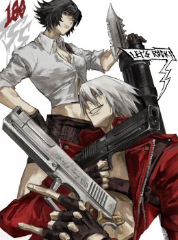Rule 34 | 1boy, 1girl, black gloves, black hair, blue eyes, bokkusu98777681, breasts, coat, commentary, dante (devil may cry), devil may cry, devil may cry (series), devil may cry 3, ebony &amp; ivory, english commentary, fingerless gloves, gloves, grin, gun, hair over eyes, highres, holding, holding gun, holding weapon, lady (devil may cry), looking at viewer, open clothes, open coat, red coat, rocket launcher, shirt, short hair, smile, teeth, weapon, white background, white hair, white shirt