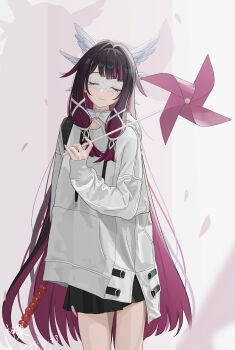 absurdres alternate_costume closed_eyes columbina_(genshin_impact) genshin_impact hair_ornament head_wings highres long_hair multicolored_hair pinwheel shenle skirt smile two-tone_hair wings