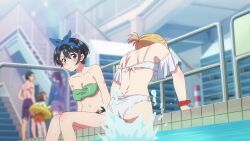 2girls animated anime_screenshot ass bare_shoulders bikini black_bikini black_hair blonde_hair blue_eyes blue_ribbon breasts cleavage frilled_bikini frills green_bikini hair_between_eyes hair_ribbon highres kanojo_okarishimasu large_breasts multiple_girls nanami_mami navel o-ring o-ring_bottom ponytail pool poolside ribbon sarashina_ruka short_hair short_ponytail shoulder_blades sitting sound stomach strapless strapless_bikini swimsuit tagme video wet white_bikini