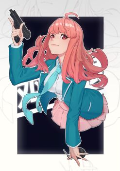 1girl ahoge arm_up blue_necktie closed_mouth collared_shirt cropped_legs explosive green_jacket grenade grenade_pin gun handgun highres holding holding_gun holding_weapon jacket long_hair looking_at_viewer necktie original pink_hair pink_skirt red_eyes school_uniform senshu shirt skirt solo weapon white_shirt