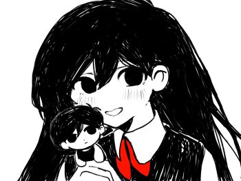 1girl :d black_eyes black_hair character_doll collared_shirt commentary_request doll empty_eyes grin highres holding holding_stuffed_toy long_hair looking_at_viewer mari_(headspace)_(omori) mari_(omori) neckerchief no_pupils omori omori_(omori) open_mouth red_neckerchief shirt simple_background smile solo stuffed_toy tokkooyaku upper_body white_background white_shirt