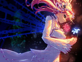 Rule 34 | 1girl, black eyeshadow, blunt bangs, brown eyes, chain, choker, collar, commentary, dress, eyeshadow, floating hair, flower, frilled choker, frilled collar, frilled hairband, frills, gothic lolita, hair ribbon, hairband, highres, holding, holding flower, lolita fashion, lolita hairband, long hair, looking at flowers, looking down, makeup, object through head, parted lips, persona, persona 3, profile, red hair, ribbon, solo, spider lily, sword in head, tartarus, thorns, upper body, white dress, white ribbon, yagirevart, yoshino chidori