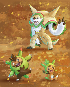 artist_name autumn_leaves chesnaught chespin claws commentary english_commentary evolutionary_line full_body gen_6_pokemon highres imazartz leaf nintendo open_mouth pokemon pokemon_(creature) pokemon_focus quilladin sitting smile spikes standing standing_on_one_leg teeth upper_teeth_only waving