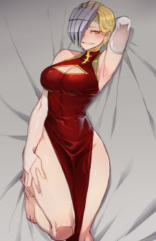 Rule 34 | 1girl, armpits, barefoot, bed sheet, blonde hair, blush, boku no hero academia, breasts, bridal gauntlets, china dress, chinese clothes, cleavage, cleavage cutout, clothing cutout, covered navel, dress, grin, half mask, highres, large breasts, looking at viewer, lying, mask, on back, orange eyes, pelvic curtain, ratatatat74, red dress, ryuukyuu, sharp teeth, short hair, smile, solo, tatsuma ryuuko, teeth, thighs, turtleneck, turtleneck dress
