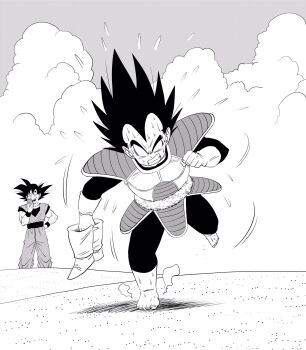 2boys armor barefoot boots cellphone clenched_teeth cloud commentary_request dougi dragon_ball dragonball_z flying_sweatdrops greyscale hand_on_own_hip highres holding holding_boots holding_footwear holding_phone holding_unworn_clothes hot lee_(dragon_garou) male_focus monochrome multiple_boys muscular muscular_male official_style phone saiyan_armor sand shoulder_armor smartphone son_goku spiked_hair steam sweat tail_around_own_waist taking_picture teeth toriyama_akira_(style) unworn_boots vegeta widow's_peak