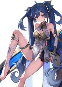 1girl ahoge ancient_greek_clothes armlet bare_shoulders barefoot black_skirt blue_eyes blue_hair breasts bridal_gauntlets cleavage commentary_request feet foot_out_of_frame gold_bra greco-roman_clothes hair_belt highres iuno_(wuthering_waves) jewelry laurel_crown leg_wrap long_hair looking_at_viewer medium_breasts multicolored_hair parted_lips ryuudog showgirl_skirt sitting skirt solo streaked_hair thighlet thighs toes twintails vambraces very_long_hair white_bridal_gauntlets wuthering_waves