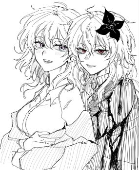 2girls blue_eyes blush breasts buttons choker collared_shirt commentary_request dress dual_persona evernight_(honkai:_star_rail) flower greyscale haegu7o hair_between_eyes hair_flower hair_ornament half-closed_eyes highres honkai:_star_rail honkai_(series) hug hug_from_behind jacket korean_commentary lips long_hair long_sleeves looking_at_another looking_at_viewer low_twintails march_7th_(honkai:_star_rail) march_7th_(preservation)_(honkai:_star_rail) medium_breasts monochrome multicolored_eyes multiple_girls official_alternate_costume official_alternate_hairstyle open_clothes open_jacket open_mouth puffy_long_sleeves puffy_sleeves purple_eyes red_eyes selfcest shirt short_hair sidelocks simple_background smile teeth twintails two-tone_dress upper_body wavy_hair yuri