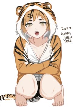 1boy 2022 androgynous animal_costume animal_ears animal_hood animal_print barefoot black_shorts black_streaks blonde_hair chinese_zodiac collarbone colored_inner_hair commentary_request crossed_arms dot_nose english_text fangs full_body hair_ornament hairpin happy_new_year hood hood_up hoodie long_sleeves looking_at_viewer male_focus multicolored_hair new_year open_mouth original pectoral_cleavage pectorals short_hair shorts simple_background solo squatting streaked_hair sunaba_(nczd5875) tail teeth tiger_costume tiger_ears tiger_hood tiger_print tiger_tail toes tongue white_background white_hair year_of_the_tiger yellow_eyes zipper_pull_tab