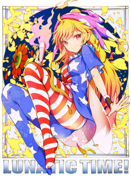 1girl absurdres american_flag_dress american_flag_legwear back_cutout black_wrist_cuffs blonde_hair blue_background border breasts clothing_cutout clownpiece commentary_request dress english_text fairy_wings fire flower full_body hat highres holding holding_torch ichizen_(o_tori) jester_cap knees_up leaf long_hair looking_at_viewer medium_breasts neck_ruff no_shoes outside_border pantyhose pink_eyes pointy_ears polka_dot_headwear red_flower short_sleeves smile solo star_(symbol) star_print striped_clothes striped_dress striped_pantyhose torch touhou very_long_hair white_border wings wrist_cuffs
