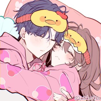 1boy 1girl bird_hair_ornament blush brown_hair closed_eyes couple cuddling hair_ornament hetero love_and_deepspace matching_outfits mtsk_0420 open_mouth protagonist_(love_and_deepspace) purple_hair rafayel_(love_and_deepspace) sleep_mask sleeping sleepwear watermark white_background