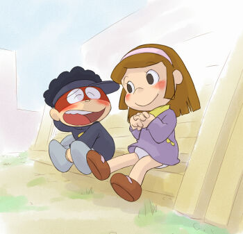 1boy 1girl arm_behind_head bench black_eyes black_hair black_hat black_sweater blush brown_hair brown_shoes building closed_eyes curly_hair dokonjou_gaeru dress embarrassed gorou_(dokonjou_gaeru) grey_pants grey_shoes hairband hat loli long_sleeves looking_at_another on_bench open_mouth own_hands_together panties pants purple_dress shoes short_hair sitting sky skyscraper smile sweater teeth underwear visor_cap watanabe_misako white_panties yamanokonza