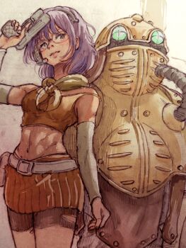 1girl chrono_trigger game_console glasses highres lucca_ashtear purple_hair robo_(chrono_trigger) simple_background smile solo super_famicom