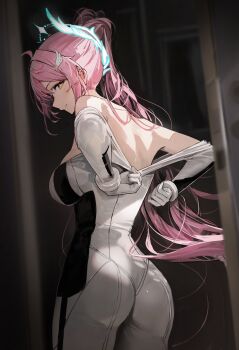 Rule 34 | 1girl, absurdres, aemeath (wuthering waves), ahoge, alternate costume, ass, back, bare shoulders, bodysuit, breasts, closed mouth, commentary request, cowboy shot, from behind, hair ornament, hidulume, highres, indoors, long hair, looking at viewer, looking back, medium breasts, pink hair, ponytail, profile, smile, solo, star-shaped pupils, star (symbol), symbol-shaped pupils, white bodysuit, wuthering waves