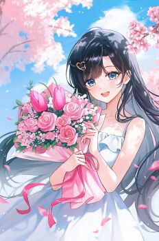 1girl bare_shoulders black_hair blue_eyes bouquet cherry_blossoms cloud cloudy_sky collarbone dress falling_petals flower frilled_dress frills gumagom2 hair_ornament heart heart_hair_ornament highres holding holding_bouquet long_hair open_mouth outdoors petals pink_flower pink_rose rose shirayuki_hina sky solo stellive sundress tree virtual_youtuber white_dress