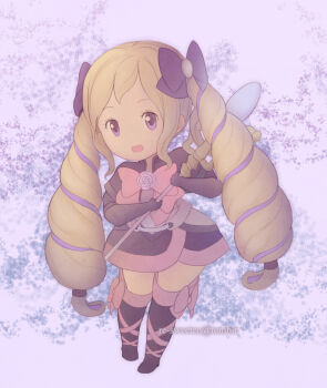 1girl :d aristocratic_clothes blonde_hair bow drill_hair elise_(fire_emblem) fire_emblem fire_emblem_fates hair_bow highres holding holding_staff long_hair looking_at_viewer nintendo open_mouth purple_eyes purple_hair smile solo staff twin_drills twintails wintercookies