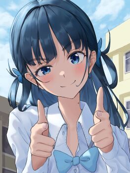 1girl absurdres basori_tiara blue_bow blue_eyes blue_hair blush bow cloud collared_shirt hair_ornament highres hyakusyo69 light_smile long_hair make_heroine_ga_oo_sugiru! mole mole_on_neck open_clothes open_shirt outdoors partially_unbuttoned school_uniform shirt sky white_shirt