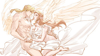 1boy 1girl angel_wings arm_around_waist barefoot blonde_hair breasts cleavage completely_nude couple dress earrings hand_on_another&#039;s_cheek hand_on_another&#039;s_face hetero highres holding_hands jewelry kurokawa_karasu link long_hair low_ponytail medium_breasts nintendo nude parted_bangs pointy_ears ponytail princess_zelda sidelocks the_legend_of_zelda the_legend_of_zelda:_ocarina_of_time white_background white_dress wings