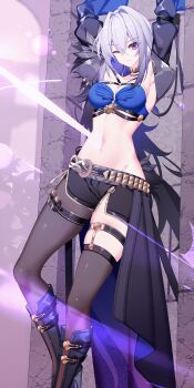 1girl armpits arms_up bandeau black_boots black_jacket black_pantyhose black_shorts blue_bandeau blue_hair boots bound breasts chinese_commentary cleavage commentary_request criss-cross_straps cropped_jacket crossed_bangs energy_sword galbrena_(wuthering_waves) gold_choker grey_hair groin hair_between_eyes hair_intakes highres jacket knee_boots large_variant_set medium_breasts medium_hair midriff multicolored_hair nami_qi navel one_eye_closed open_clothes open_jacket pantyhose parted_lips purple_eyes restrained short_shorts shorts sidelocks single_leg_pantyhose single_thighhigh single_wing skindentation solo stab standing sword textless_version thigh_strap thighhighs variant_set waist_cape weapon wings wuthering_waves