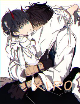 2boys arm_around_neck arm_around_waist back_bow black_dress black_gloves black_hair blue_eyes blunt_bangs bow demon_horns dress feet_out_of_frame gloves hair_ribbon horns hug kim_dokja looking_at_viewer male_focus multiple_boys multiple_scars omniscient_reader&#039;s_viewpoint ribbon scar scar_on_arm short_hair white_dress white_gloves xiro yellow_eyes yoo_joonghyuk