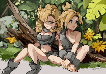 1boy 1girl ayla_(chrono_trigger) barefoot blonde_hair blue_eyes boots breasts caveman cavewoman chrono_trigger crossed_legs curly_hair flower fur_(clothing) highres kino_(chrono_trigger) leaf log medium_breasts ponytail rock sitting uzutanco yellow_flower