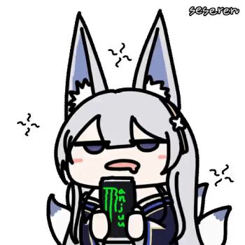 1girl animal_ears animated animated_gif azur_lane energy_drink exhausted long_hair lowres monster_energy multiple_tails open_mouth product_placement seseren tail