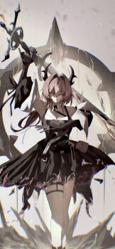 Rule 34 | 1girl, arknights, arknights: endfield, arm up, bare shoulders, black dress, black gloves, black horns, black sleeves, breasts, chromatic aberration, closed mouth, commentary request, detached sleeves, dress, feet out of frame, film grain, gloves, hair between eyes, hair intakes, highres, holding, holding sword, holding weapon, horns, laevatain (arknights), long hair, medium breasts, ni mono, pink eyes, pink hair, solo, standing, surtr (arknights), sword, thigh strap, weapon