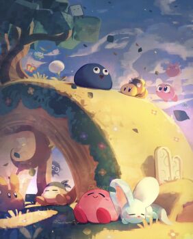 Rule 34 | ^ ^, bandana, bandana waddle dee, blue sky, blush, blush stickers, bourbon (kirby), bow (weapon), bronto burt, bug, butterfly, closed eyes, closed mouth, cloud, cupie, dandelion, day, elfilin, falling leaves, flower, gooey (kirby), gordo, grass, highres, hill, holding, holding bow (weapon), holding weapon, insect, kirby, kirby (series), kirby star allies, leaf, morpho knight, morpho knight (butterfly), nintendo, no humans, outdoors, plant roots, red shoes, revision, scarfy, shadow, shoes, sky, sleeping, smile, sunset, suyasuyabi, tombstone, tree, ufo (kirby), wall-eyed, weapon, wings, yellow shoes