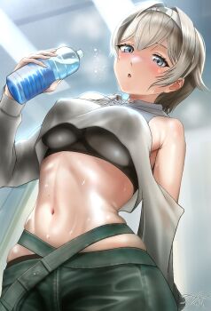 1girl :o bare_shoulders black_sports_bra blue_eyes blush bottle breasts clothing_cutout commentary_request covered_erect_nipples cowboy_shot drawstring goddess_of_victory:_nikke green_pants grey_hair groin hair_between_eyes hair_intakes hairband highres holding holding_bottle hood hood_down hooded_shirt ibispaint_(medium) large_breasts long_sleeves looking_at_viewer midriff navel nose_blush pants parted_lips prika_(nikke) shirt short_hair shoulder_cutout sidelocks signature solo sports_bra standing steaming_body sweat taka_(cactus) water_bottle white_hairband white_shirt