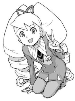 1girl bad_id bow dress drill_hair greyscale hair_bow heriyama long_hair lowres luna_platz_(mega_man) mega_man_(series) mega_man_star_force_(series) monochrome open_mouth pantyhose simple_background smile twin_drills v very_long_hair white_background