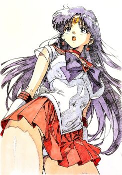 Rule 34 | 1girl, absurdres, bishoujo senshi sailor moon, bow, bowtie, brooch, choker, earrings, elbow gloves, gloves, graphite (medium), heart, heart brooch, highres, hino rei, i4teruz, jewelry, leotard, leotard peek, long hair, panties, pantyshot, purple bow, purple bowtie, purple hair, red choker, red sailor collar, red skirt, sailor collar, sailor mars, sailor senshi uniform, sketch, skirt, solo, star (symbol), star earrings, traditional media, underwear, upskirt
