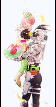 Rule 34 | ^ ^, armor, belt, black armor, blue eyes, closed eyes, dan kuroto, dress, father's day, father and daughter, flower, happy tears, hat, highres, holding, holding in arms, kamen rider, kamen rider ex-aid (series), kamen rider genm, mini hat, multicolored dress, musical note, petals, pink hair, poppi pipopapo, portrait, short hair, smile, taiyaki 63, tears, white armor, yellow dress