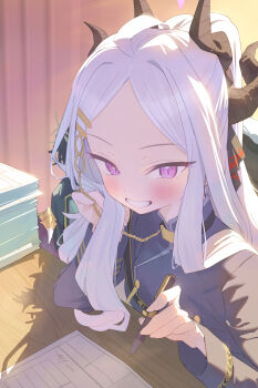 1girl absurdres ahoge applepie_(12711019) blue_archive blush demon_horns forehead grey_hair grin hand_on_own_cheek hand_on_own_face highres hina_(blue_archive) holding holding_pen horns indoors long_sleeves looking_at_viewer military_uniform paper_stack parted_bangs pen pink_eyes smile solo