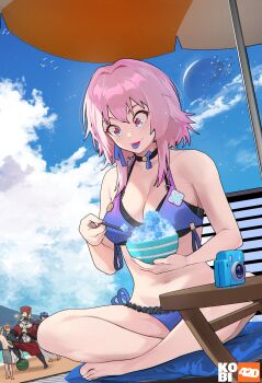 1girl 1other 3boys :p absurdres aqua_eyes artist_logo artist_name barefoot beach beach_umbrella bell bikini bird black_choker blue_ribbon blue_sky blush breasts caelus_(honkai:_star_rail) camera choker cleavage cloud cloudy_sky commentary food fruit full_body full_moon hair_ribbon highres holding holding_plate honkai:_star_rail honkai_(series) ice_cream ice_cream_spoon indian_style kobi420 large_breasts logo long_hair looking_at_food march_7th_(honkai:_star_rail) moon multicolored_hair multiple_boys muscular_other navel neck_bell outdoors pink_eyes pink_hair plate pom-pom_(honkai:_star_rail) purple_bikini ribbon sampo_koski sidelocks sitting sitting_on_pillow sky solo_focus spoon swimsuit tongue tongue_out too_many too_many_birds topless_male trailblazer_(honkai:_star_rail) two-tone_hair umbrella watermelon welt_yang