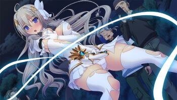 Rule 34 | 1girl, 3boys, :o, ahoge, arm under breasts, blue eyes, blush, bow, braid, breasts, cameltoe, camera, cellphone, covering breasts, covering privates, dress, dutch angle, elbow gloves, embarrassed, floating hair, game cg, genseishinki sacred virth, gloves, grabbing own breast, green pants, grey hair, hair between eyes, hair intakes, hair ornament, hat, holding, holding ribbon baton, holding weapon, large breasts, large variant set, long hair, looking at viewer, magical girl, miniskirt, multiple boys, night, non-web source, official art, open mouth, outdoors, panties, pants, pantyshot, phone, pleated skirt, puffy sleeves, purple eyes, ribbon, ribbon baton, sacred claire, shirt, short dress, short sleeves, skirt, sky, smartphone, solo focus, standing, taking picture, thighhighs, tierna aeride throne, torn clothes, torn gloves, torn thighhighs, underwear, upskirt, variant set, very long hair, wavy hair, weapon, white dress, white gloves, white panties, white skirt, white thighhighs, yuugure pairo