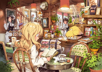 4boys 4girls absurdly_detailed_composition ahoge analog_clock annie_berton bird black_hair blonde_hair book bottle brown_hair cafe cake chair clock coffee cup dated donut food frederic_laroche hair_ornament hair_scrunchie hat holding holding_book holding_tray indoors loaded_interior long_sleeves matsuda_(matsukichi) multiple_boys multiple_girls original plant ponytail potted_plant reading scrunchie shelf shirt skirt spoon steam sylvie_bonheur table tori_(matsuda_(matsukichi)) tray uniform waitress white_scrunchie white_shirt white_skirt yvette_martin