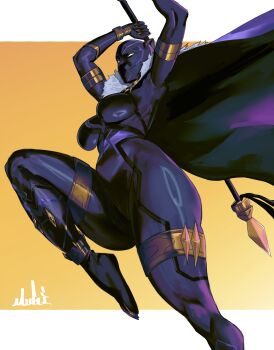 1girl absurdres black_bodysuit black_panther_(series) black_panther_(shuri) bodysuit breasts cape fur-trimmed_cape fur_trim highres holding holding_polearm holding_weapon jumping marvel marvel_tokon:_fighting_souls mask mugi_(mugit49) muscular muscular_female polearm purple_cape shuri_(marvel) solo spear superhero_costume weapon