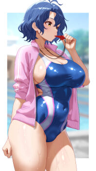 1girl absurdres antenna_hair blue_hair blurry blurry_background border breasts cleavage commentary_request competition_swimsuit covered_navel highleg highleg_one-piece_swimsuit highres holding holding_whistle huge_breasts idolmaster idolmaster_million_live! jacket jacket_over_hoodie looking_ahead one-piece_swimsuit outside_border pink_jacket short_hair solo swimsuit toritori_miri toyokawa_fuka track_jacket whistle whistle_around_neck white_border