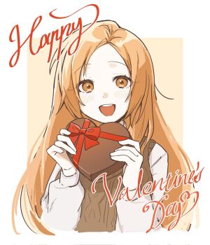 Rule 34 | 1girl, bleach, blush, brown sweater, candy, chocolate, chocolate heart, commentary, food, gift, happy valentine, heart, heart-shaped food, highres, holding, holding gift, inoue orihime, long hair, long sleeves, looking at viewer, mur1min, open mouth, orange eyes, orange hair, parted bangs, shirt, solo, straight-on, sweater, teeth, upper body, upper teeth only, valentine, white shirt