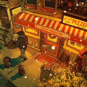 1boy 1girl baseball_cap beanie black_cat black_hat black_jacket black_shoes building cat christmas christmas_ornaments christmas_wreath commentary_request commission denim door doormat down_jacket earmuffs faceless faceless_male fire_hydrant glowing hands_in_pockets hat highres hood hood_down hooded_jacket jacket jeans long_sleeves menu_board night open_sign original outdoors pants pavement pizzeria pom_pom_(clothes) pom_pom_beanie port_(portzzz) red_hat restaurant scenery shadow shoes slice_of_life snowing stairs street_gutter trash_bag trash_can urban video_thumbnail walking window winter wire wreath