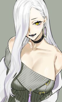 1girl black_choker blue_lips breasts choker cleavage fangs fate/grand_order fate_(series) from_above hair_over_one_eye highres kabosoi_mangaka looking_at_viewer looking_up mrs._snake_(fate) solo upper_body white_hair yellow_eyes