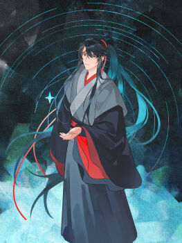 1boy bishounen black_eyes black_hair black_hanfu chinese_clothes closed_mouth commission full_body hair_between_eyes hair_ribbon hanfu highres long_hair long_sleeves looking_at_viewer male_focus modao_zushi ponytail qi_pao_shui red_ribbon red_sash ribbon ripples robe sash second-party_source sidelocks sky smile solo standing star_(sky) very_long_hair water watermark watermark_grid wei_wuxian wide_sleeves