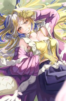 Rule 34 | 1girl, arknights, arm up, bare shoulders, blonde hair, blue hair, blush, breasts, camisole, choker, cleavage, closed mouth, collarbone, commentary request, dragon girl, dragon horns, eyeliner, frills, green eyes, highres, horns, jacket, kurosabi neko, long hair, long sleeves, looking at viewer, lying, makeup, medium breasts, multicolored hair, off shoulder, official alternate costume, on back, orange eyeliner, pink jacket, shu (arknights), shu (spring feast) (arknights), smile, solo, white hair, yellow camisole, yellow choker