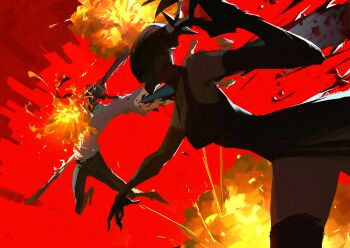 1boy 1girl alternate_form apron battle black_apron black_gloves black_pants black_thighhighs blood bomb_devil_(chainsaw_man) chainsaw chainsaw_man denji_(chainsaw_man) elbow_gloves explosion gloves highres pants qosic red_background sharp_teeth shirt teeth thighhighs white_shirt